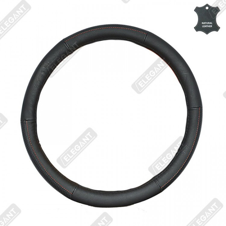 ELEGANT Чохол руля чорн. шкіра (перфорація + червона нитка ) M EL 105656