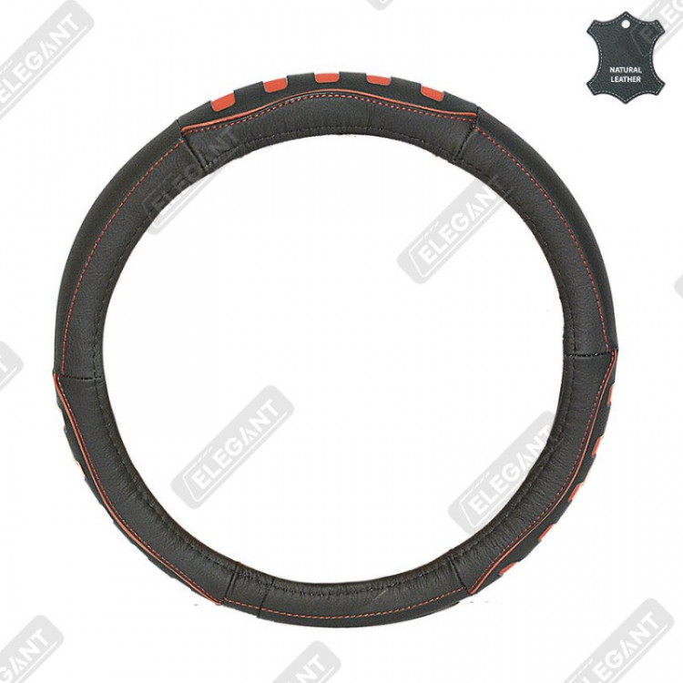 ELEGANT Чохол руля чорн. шкіра +червона нитка S EL 105730