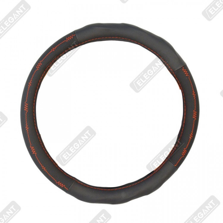 ELEGANT Чохол руля чорний (рельеф і червона  нітка) S EL 105464