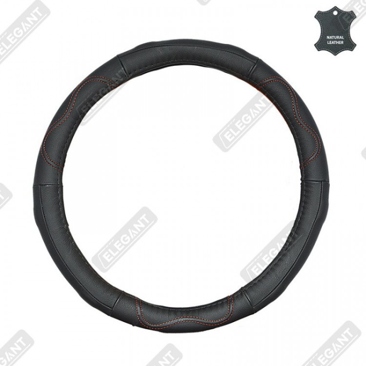 ELEGANT Чохол руля чорн. шкіра (масажер + червона нитка) M EL 105611