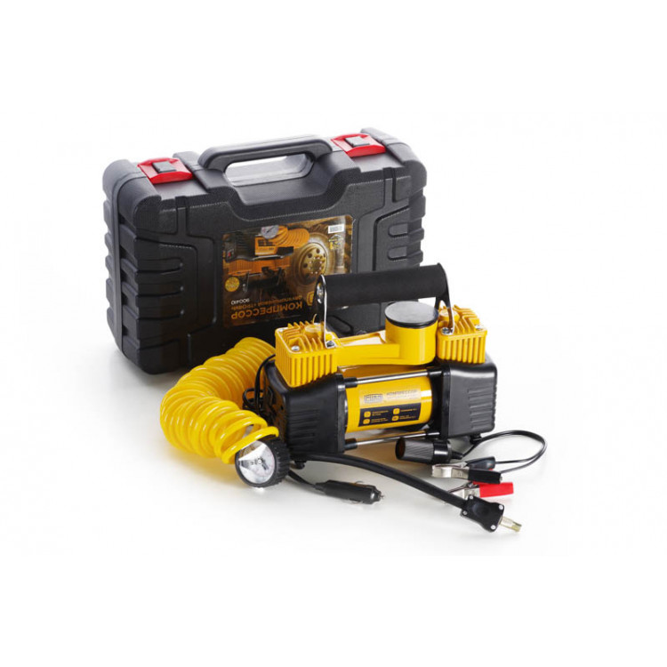 Компресор автомобільний двопоршневий 85 л/хв. 350 Вт СИЛА 10 Атм. пластиковий кейсе (кручений шланг)