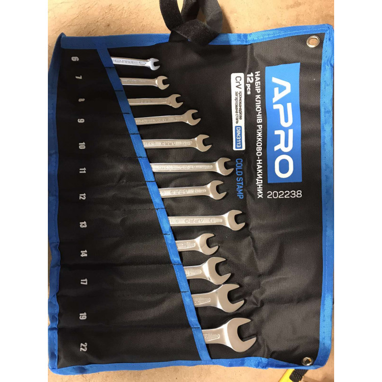 Набір ключів ріж-нак  15 шт APRO (6-19, 22 мм) Холодний штамп CrV