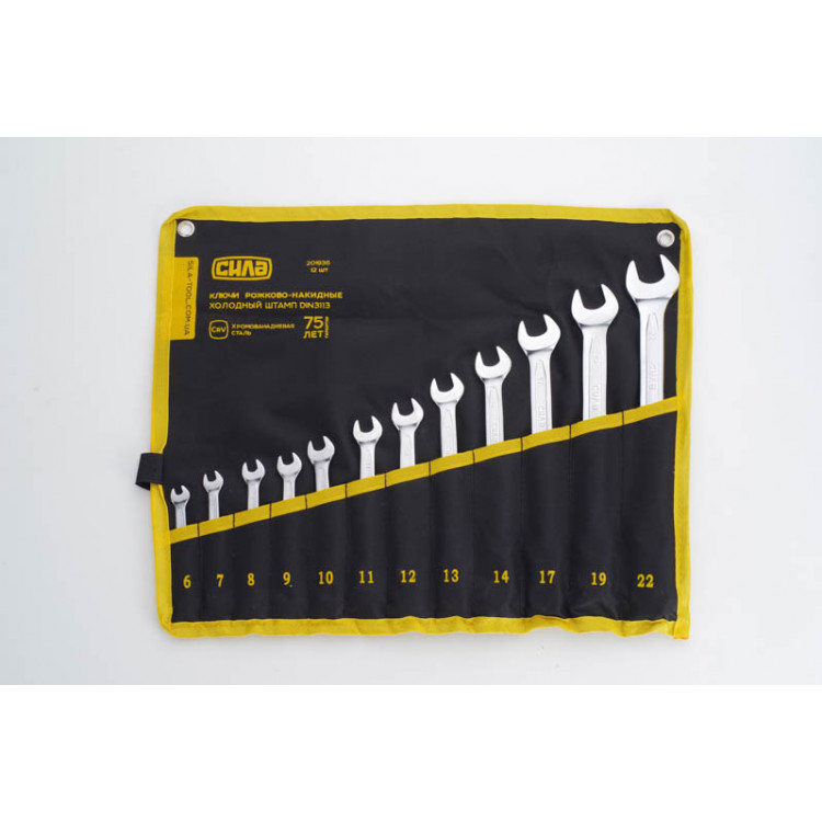 Набір ключів ріж-нак 12 шт СИЛА  (6-14,17,19, 22 мм) Холодний штамп DIN3113 CrV тканинний чохол