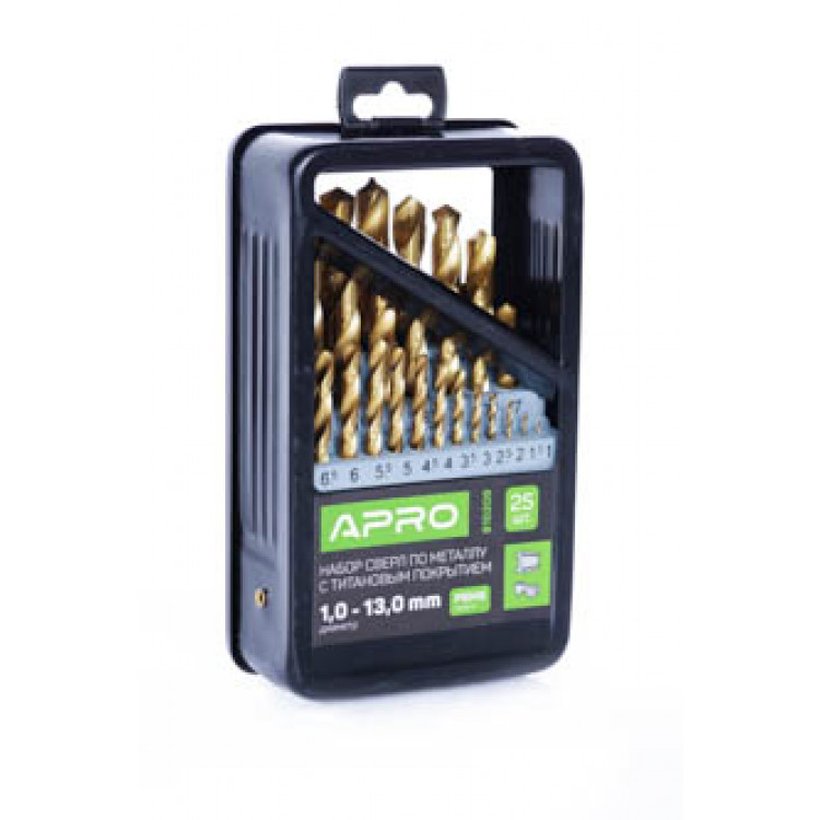 Набір свердел по металу з титановим покриттям 19 шт. 1.0-10.0мм APRO Р6М5 (металевий кейс)