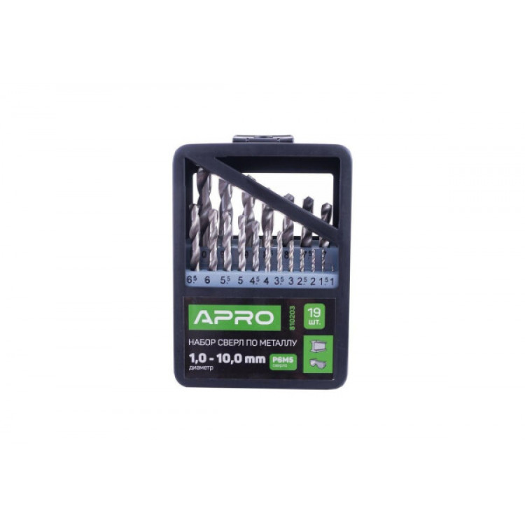 Набір свердел по металу полірованих 19шт. 1.0-10.0мм APRO Р6М5 (металевий кейс)