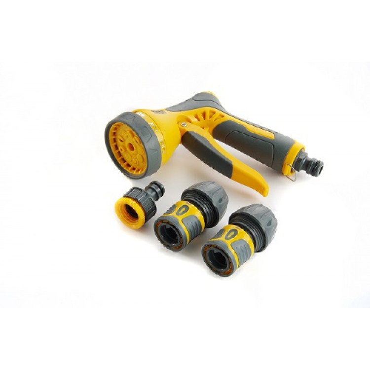 Набір: пістолет-розпилювач 9 режимів з регулюванням потоку, конектори 3/4'', адаптер 1/2''-3/4