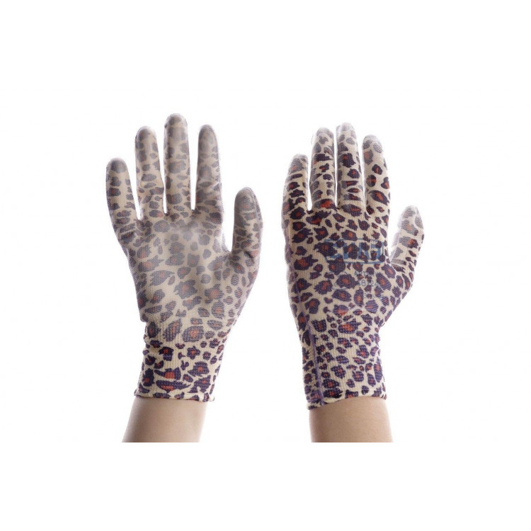 Рукавички синтетичні кольоровий принт Леопард з поліуретановим покриттям 8 розмір СИЛА