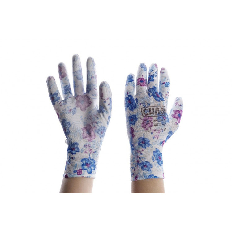 Рукавички синтетичні кольоровий принт Незабудки з поліуретановим покриттям 8 розмір СИЛА