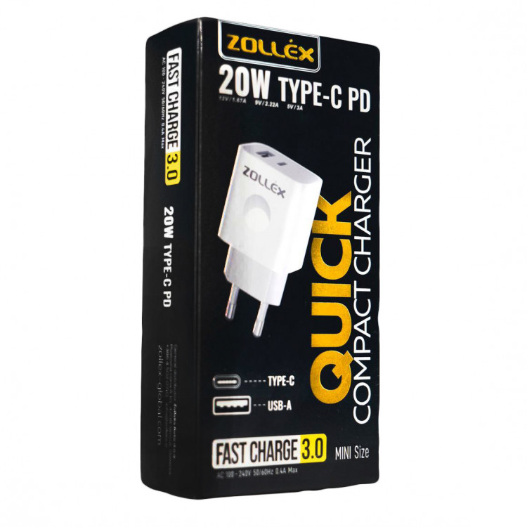 Зарядний пристрій Zollex 1USB-A + 1USB-C (20W)  12098