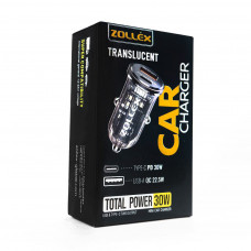 Автомобільна зарядка Zollex 1USB + 1Type-C, PD (30W) / QC (22.5W), прозора, 12099
