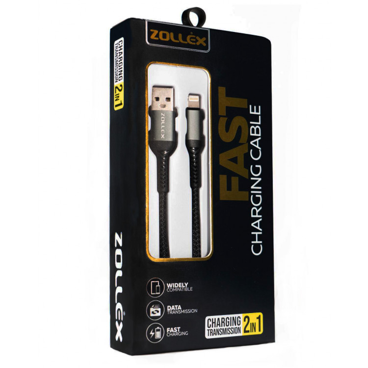 Кабель зарядний Zollex USB-A - Lightning (iPhone), 1м, 3A, чорний. 12207