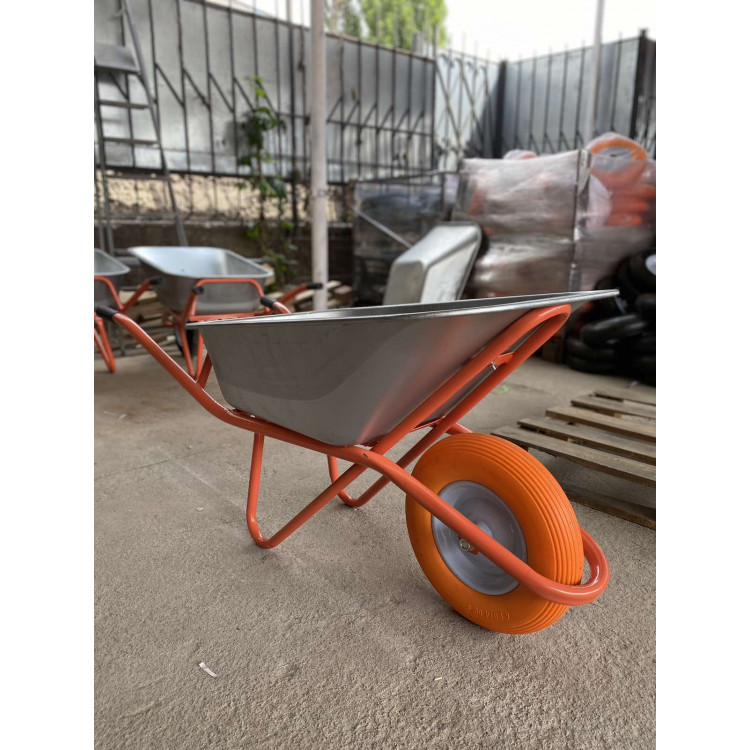 Тачка будівельна ТМ VINHOZGROUP одно колісна, 90 л 180 кг, колесо 4,00 - 8 поліуретан, підшипник d20