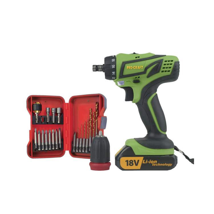 Шуруповерт акумуляторний PRO-CRAFT PA-18 PRO з DFR патроном (дві батареї) та набір інструменту