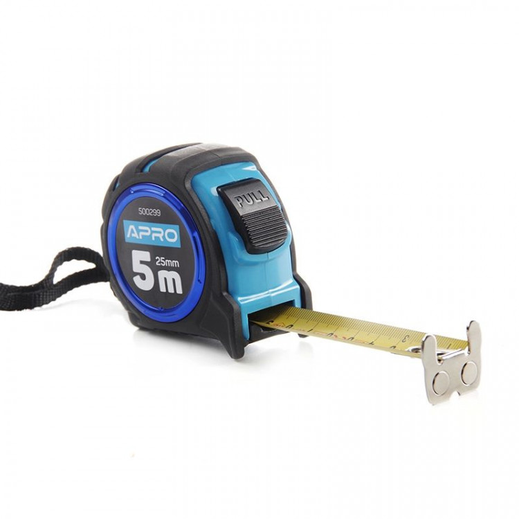 Рулетка 5 м*25 мм APRO обгумована з магнітом та автостопом, подвійний зачіп