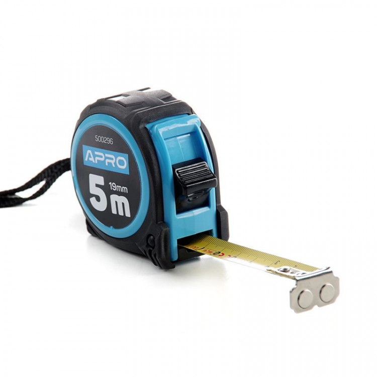 Рулетка 5 м*19 мм APRO обгумована з магнітом та автостопом